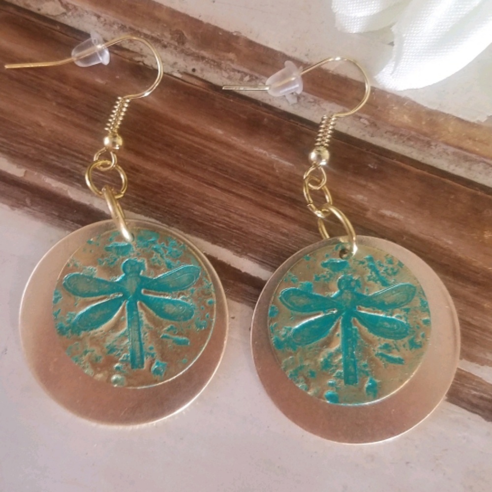 Stamped Dragonfly Earrings Pierced - Picture 2 of 4